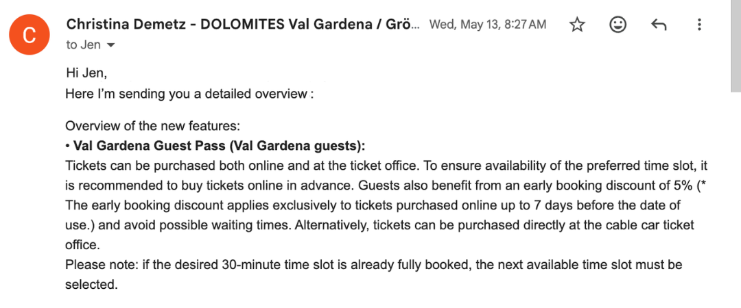 Reply from the Val Gardena tourism board with booking windows, timing rules and discount details