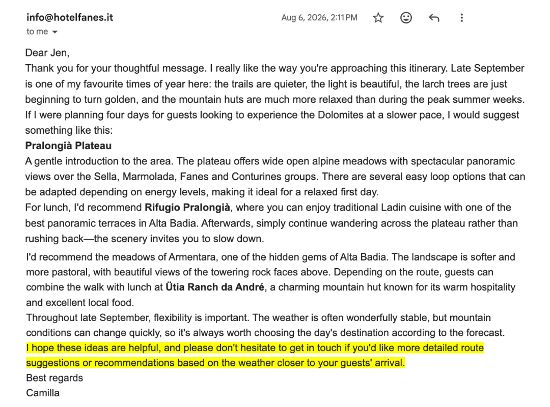 Reply from Hotel Fanes in Alta Badia mapping out four days in the Dolomites